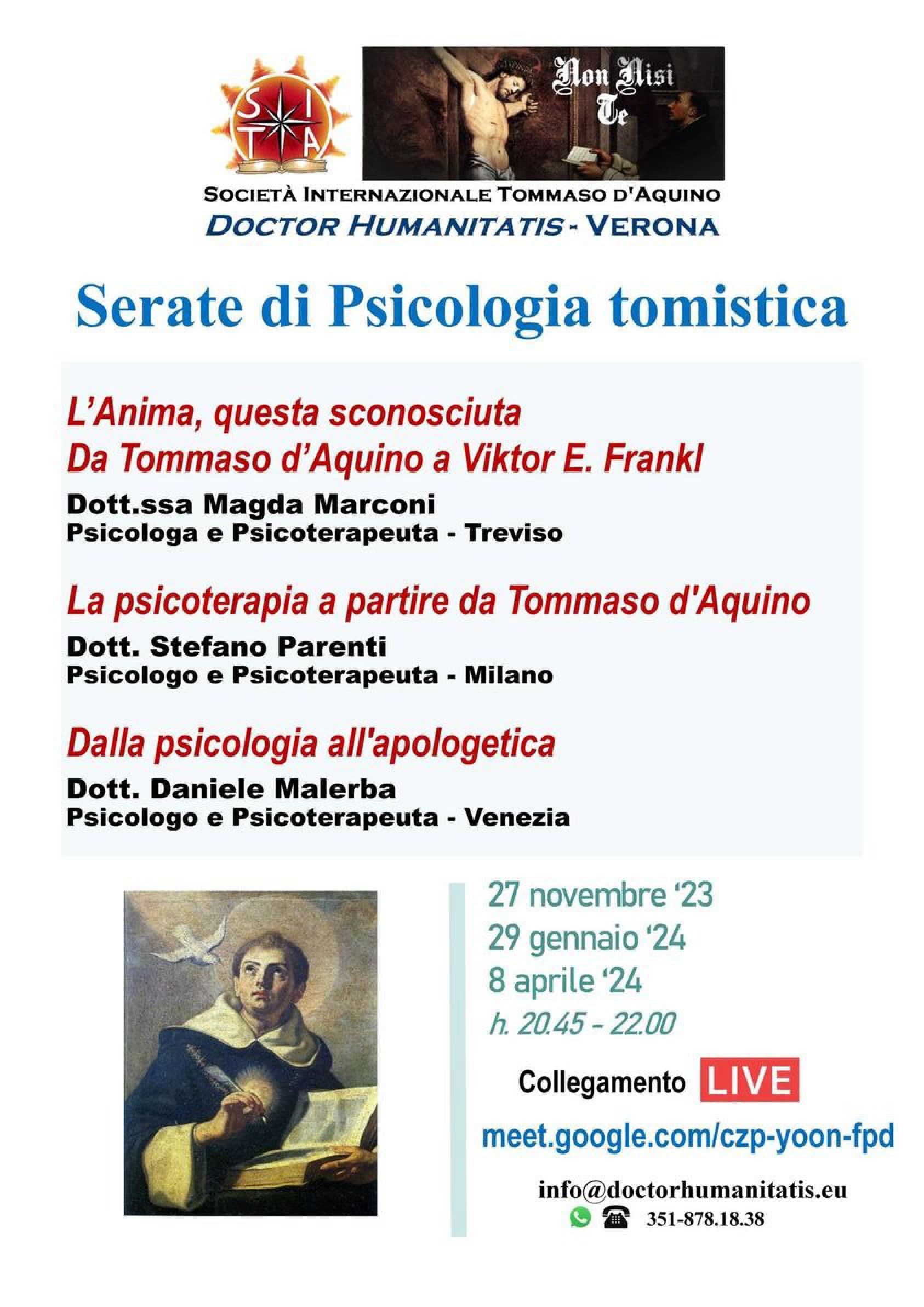 Serate di Psicologia tomistica - invito online gratuito 27 Novembre 2023 h. 20.45-22.00