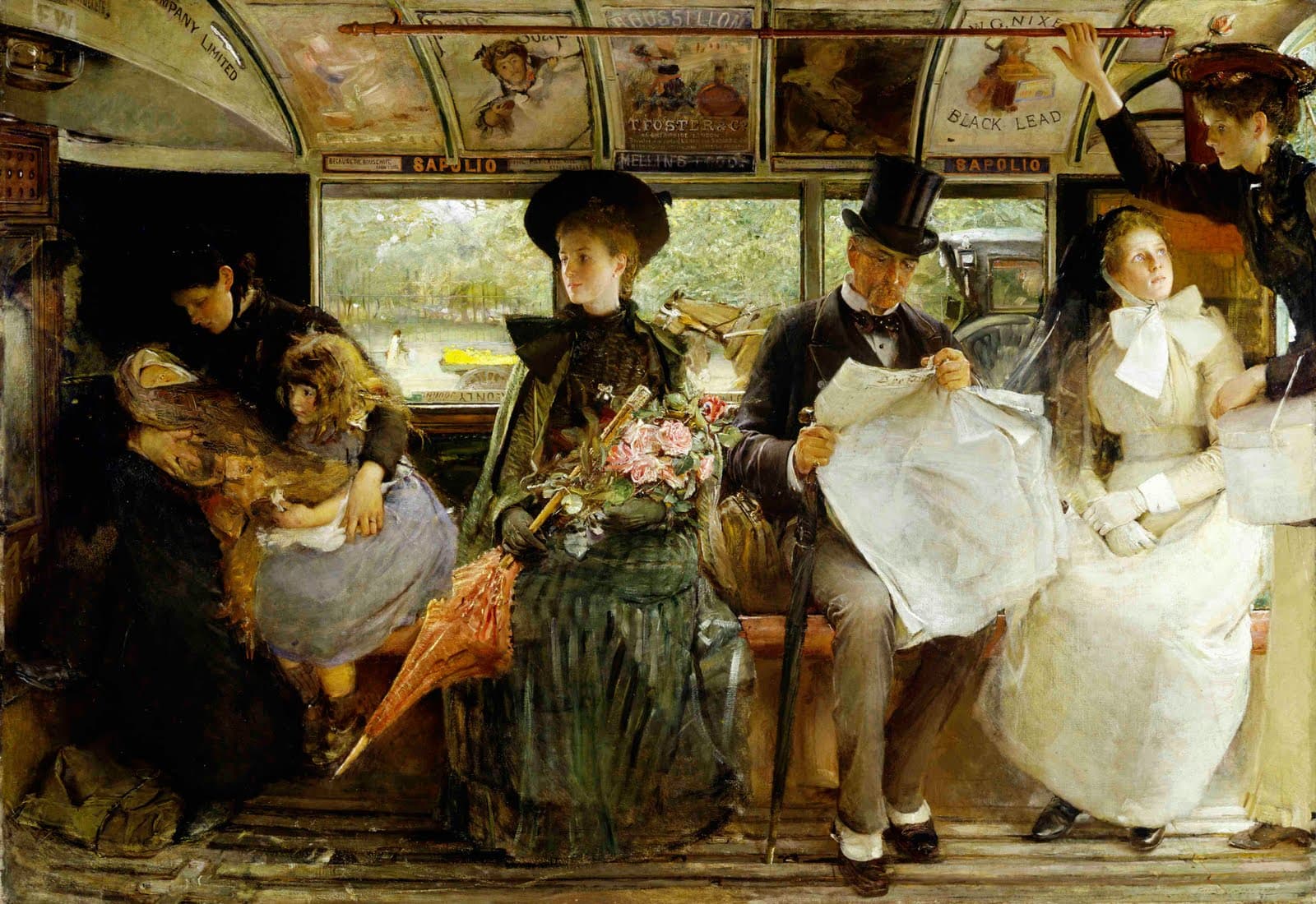 Dipinto di George William Joy: passeggeri seduti all'interno di un omnibus